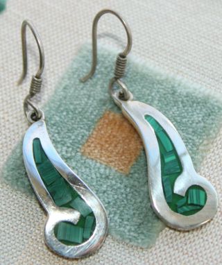 Vintage Taxco Mexico 925 Sterling Silver Malachite Inlaid Dangle Post Earrings