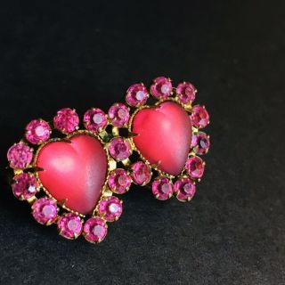 Antique Gablonz Czech Pink Saphiret Style Glow Frosted Glass Double Heart Brooch