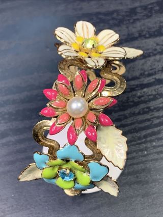 Vintage Pastel Rhinestone Pearl Enamel Flower Butterfly Cuff Bracelet