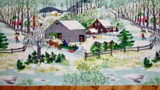 Vintage Grandma Moses " Early Springtime On The Farm " Barkcloth Fabric Horse Barn