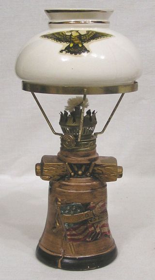 Vintage Miniature Kerosene Lamp W Shade Liberty Bell And Eagle Made In Japan