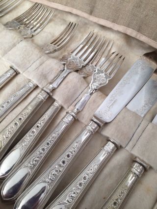 Vgc Antique Victorian Ornate Engraving Silver Plate 24 Piece Set Fish Cutlery