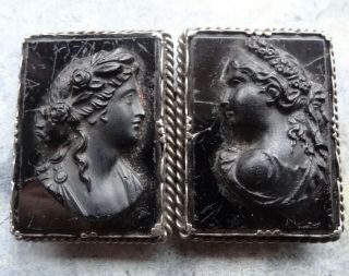 Antique Victorian Silver & French Jet Black Glass Cameo Double Buckle Clasp - N199