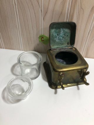 K & O Vintage Brass Ink Well Desk Top W/ Glass Inserts