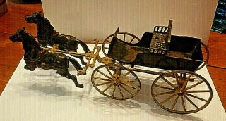 Revised Antique 2 - Horse Drawn Black Tin Buggy Wagon Yellow Cast Iron Wheels