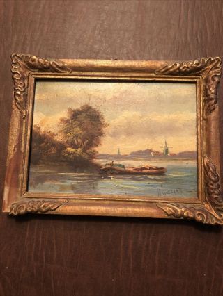 Antique Small Oil Painting Holland Windmill Boat Landscape Signed H.  Wexler