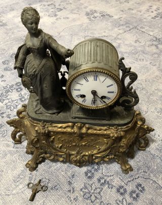Antique Mantel Clock - Metal Art Nouveau Victorian Woman Holding A Rose & Fan