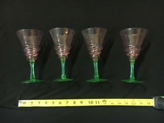 Set Of 4 Tiffin " Watermelon " Pink & Green Water Wine Desert Stem Glasses Antique