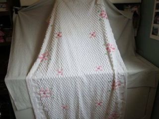 Vintage White & Pink Chenille Curtain/fabric With Graphic Design