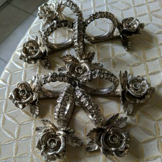 Vintage Princess House Silver Plated Ornate Flower Rose Napkin Rings Set of (8) 2