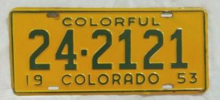 Vintage 1953 Garfield County Colorado License Plate 24 - 2121 Gold Yellow & Green