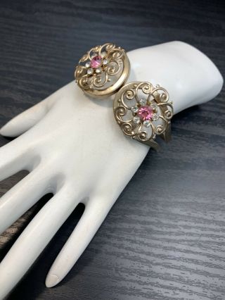 1950’s Vintage Pink Clear Rhinestone Hinged Cuff Bracelet Gold Tone