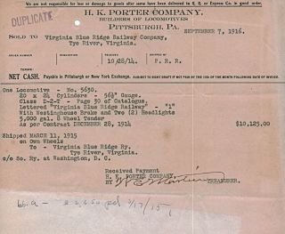 Rare Virginia Blue Ridge Railway Bills Purchase Of Loco No.  1 From 1916