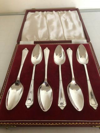 Red Faux Cased Set Of 6 Sterling Silver Grapefruit Spoons (birmingham 1960)