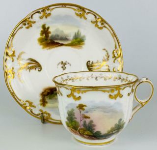 C1852 Antique Minton English Cup & Saucer Hand Painted Scene Gold Gilt A808