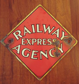 Vintage Heavy Porcelain Sign Railway Express Agency 8 " X 8 "