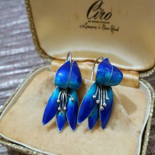Antique Victorian Solid Silver Earrings,  Royal Blue Enamel,  Iris Flower