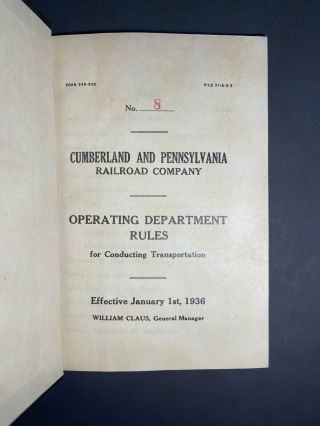 Cumberland And Pennsylvania Railroad Rule Book