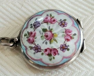 Antique Sterling 925 Double Sided Enamel Guilloche Locket Necklace Roses Euc 18 "
