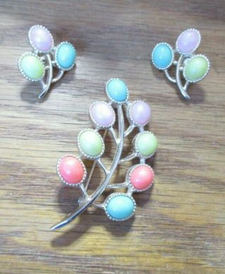 Vintage Sarah Coventry Candy Land Clip On Earrings & Brooch Euc Pastels Pink Yel