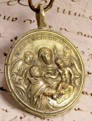 Antique 18th Century Holy Family Grandparents & Our Lady Of Pilar Bronze Medal