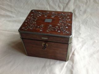 Antique Georgian Rosewood Tea Caddy With Mother Of Pearl And Pewter Inlay.