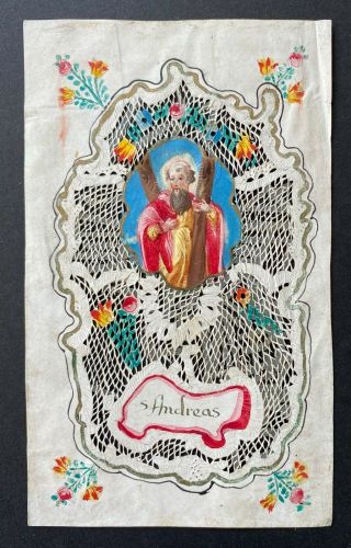 Antique 18th Century Holy Card Real Canivet St Andreas (tape On Back)