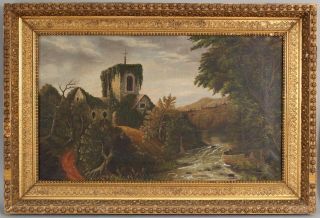19thc Antique English Continental River Landscape Oil Painting & Gilded Frame Nr