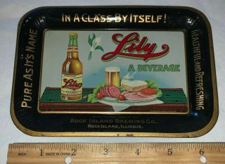 Antique Lily Beverage Tin Litho Tip Tray Sign Rock Island Il Brewing Beer Bottle