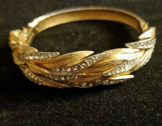 Vintage Signed Kramer Rhinestones Bracelet Hinged Bangle Brushed Gold - Tone