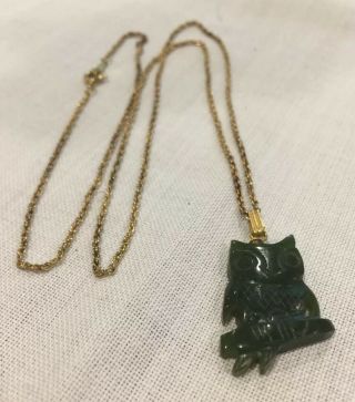 Vintage Owl Necklace Pendant Carved Jade Stone Costume Jewelry.  Condi