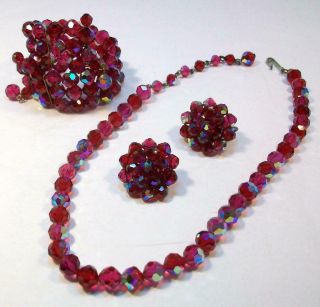 Vintage Signed Laguna Parure Red Crystal Bead Necklace Bracelet & Earrings Set