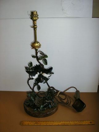 Antique Cold Painted Bronze Bird Over A Birds - Nest Table Lamp