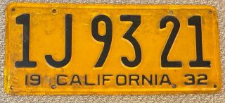 California 1932 License Plate 1j9321