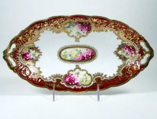 Antique Noritake Porcelain Bowl Celery Dish Hand Painted Roses Heavy Gold 1906
