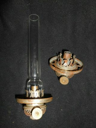 2 Antique Oil Lamp Boudoir Burners And Glass Chimney With Shade Holders