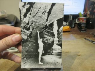 Vintage Old Postcard Wisconsin Dells Real Photo Lost Canyon Woman Touching Rock