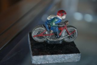 Vintage Painted Cast Iron Motorcycle Racer Rides With Helmet,  Bright Paint