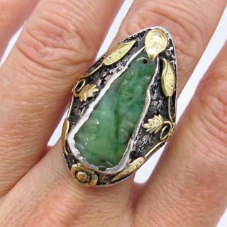 Antique Sterling Silver & Gold Carved Chinese Jade Gemstone Buddha Ring Size 8