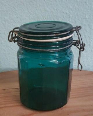 Vintage Teal Blue Green Panel Glass Wire Bale Canister Glass Lid 6” Tall