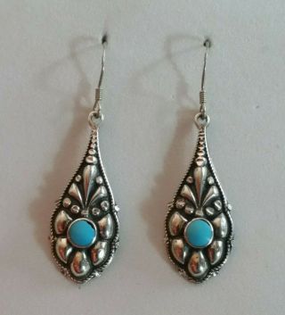 Vtg Sterling Silver Earrings Sleeping Beauty Turquoise Drop 1.  75 " 4g 925 794