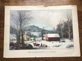 " The Schoolhouse In Winter " George Durrie Vintage Art Print 9 " X 12 "