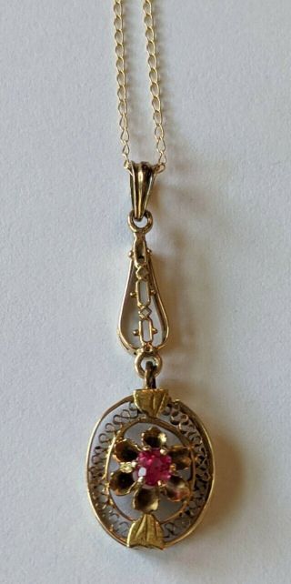 Antique Victorian 14k Gold Red Stone Lavalier Pendant Necklace