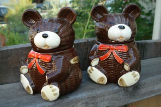 2 X Vintage (1979) Japanese Otagiri Collectible Basket Weave,  Bear Honey/jam Pots