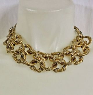 Vintage 1980s Chunky Gold Tone Rhinestone Knot Link Collar Necklace