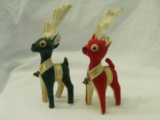 2 Vintage 1950’s Felt Velvet Reindeer Deer W/ Bells Red & Green Japan