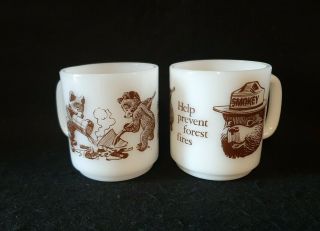 Vintage Smokey The Bear Coffee Mugs Prevent Forest Fires Milk Glass Fire King?