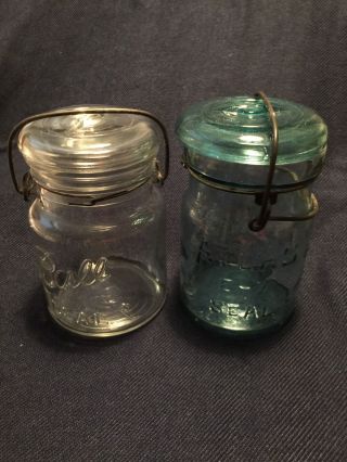 Vintage Set Clear Ball Ideal Bail Top Mason Jar Blue Atlas Ez Seal Matching Lid