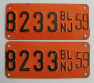 Jersey 1959 Cycle Size Boat License Pair License Plate " 8233 Bl " Nj 59