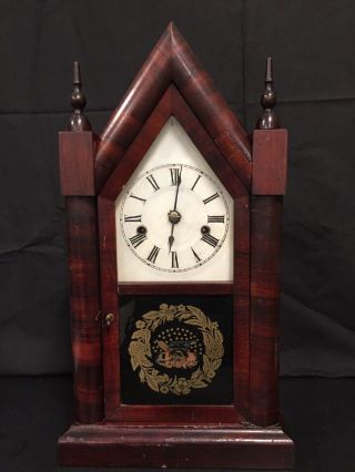 Antique 19th Century Ansonia Steeple Clock W/original Reverse Painting App.  20”